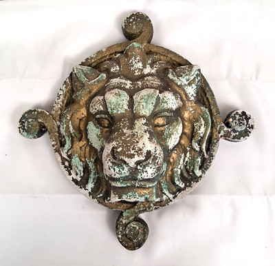 VTG Metallic Gold & Green Patina Concrete? Lion's Head Wall Sculpture Art Decor