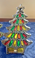 VTG Stained Glass & Cast Iron Christmas Tree Votive Candle Holder 6" Taiwan