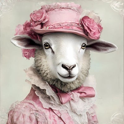 Dame Schaf in rosa, verzierter Hut mit zartrosa Blumen und Spitzenakzent