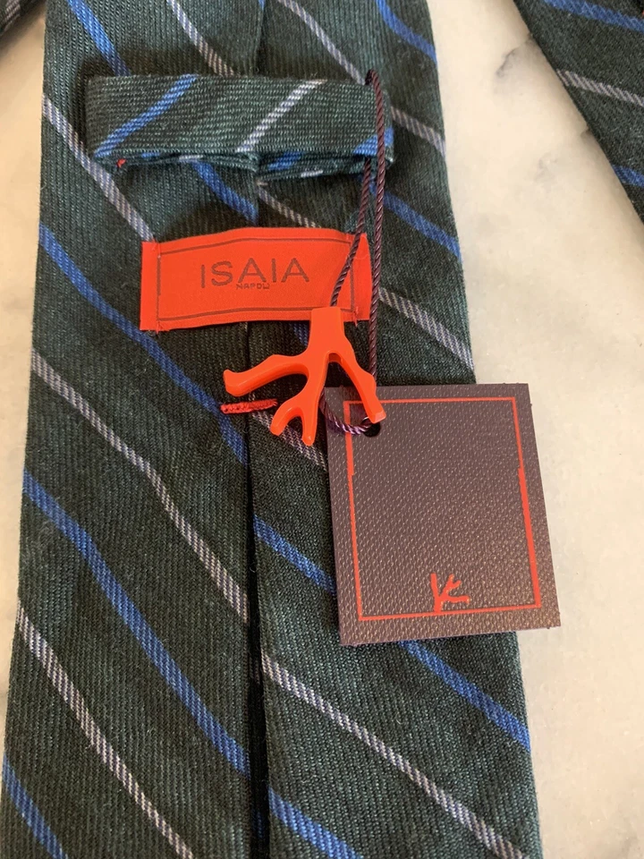 Corbata tejida Isaia 100 % lana verde gris azul a rayas hecha en Italia nueva con etiquetas Foto 3 de 4