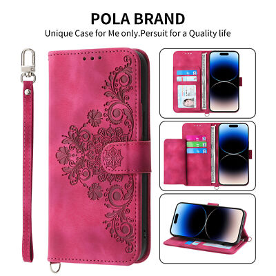 Strap Totem Flower Leather Card Wallet Case For iPhone 15 Pro Max 15 Plus 15