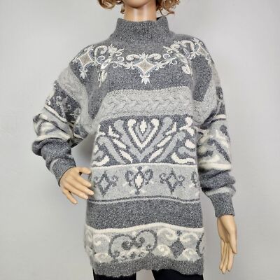 VTG Grannycore Sweater Angora Silk Gray Embroidered By I.B. Diffusion Sz SP 