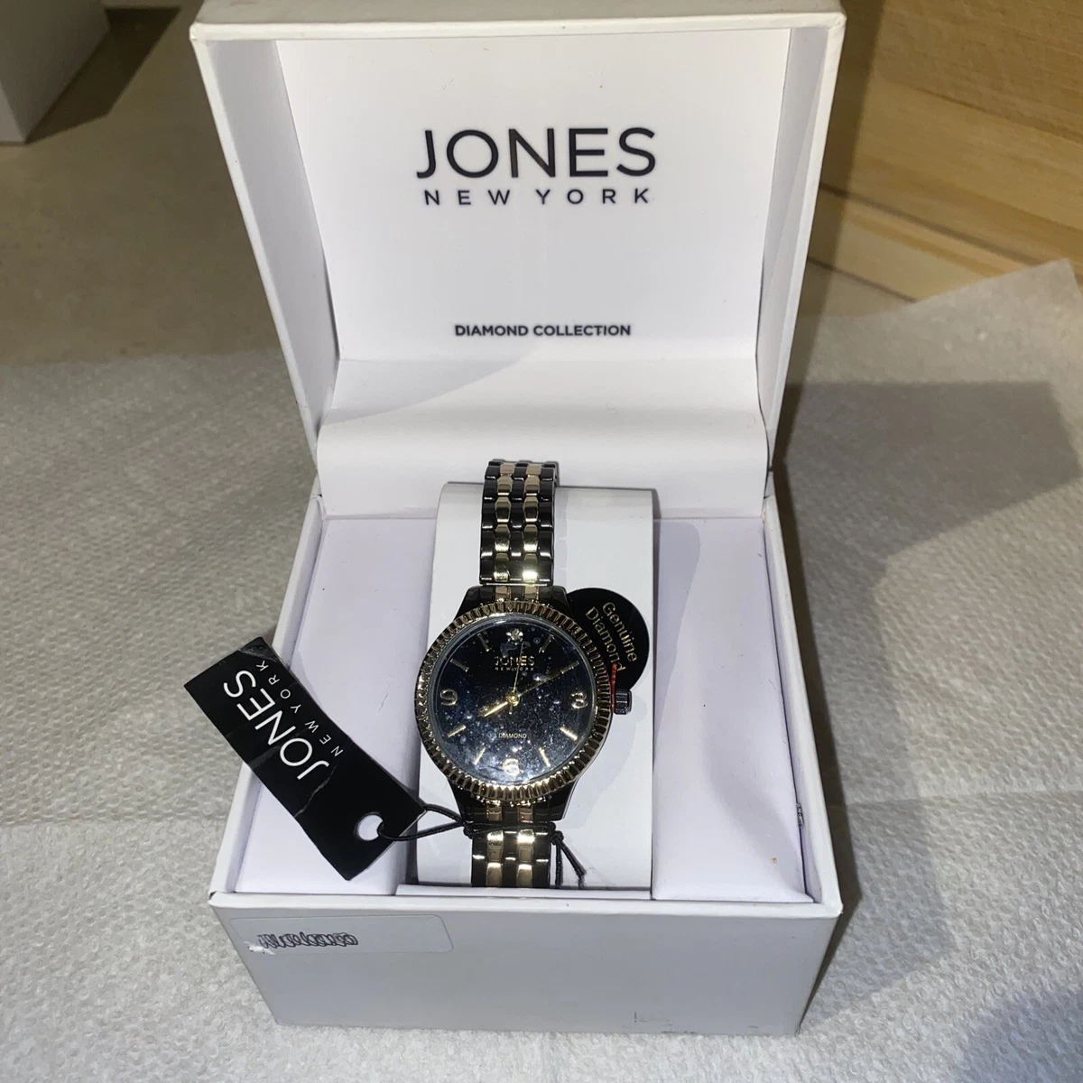 NEW WOMANS JONES NEW YORK DIAMOND COLLECTION BLACK GOLD WATCH PRETTY C PICS