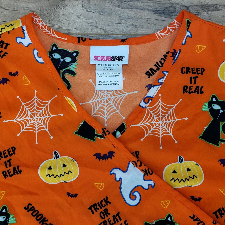 ScrubStar Scrub Top Woman's Orange Wrap Halloween Size S Creep It Real - Image 2 of 4