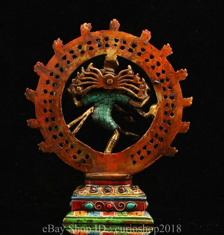 9.6"Old Tibet Copper Inlay Turquoise Gem Shiva Nataraja King Dance Buddha Statue - Image 3 of 4