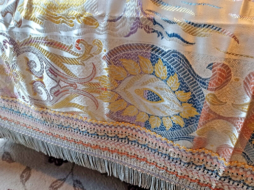 Vintage 1940s Egyptian bedspread fringed edge silver rayon camels palm trees Egy - Picture 8 of 8