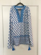 CABANA LIFE Rash Guard Swim Top 14 Blue White Side Ruch Tassels Long Sleeves