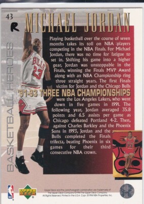 MICHAEL JORDAN Chicago Bulls Basketball Card 3-PEAT NBA Champions Upper  Deck LE