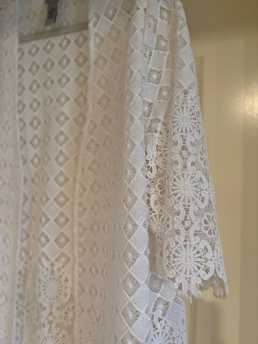 Catherines White Lace Long Cardigan 2X Floral Open Front Boho Plus SZ Capsule