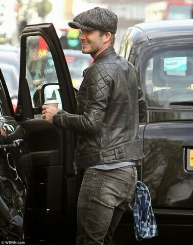 Chaqueta de Cuero Negro David Beckham para Hombre Cuero Real Calce Ajustado Chaqueta de Motociclista - Imagen 3 de 8