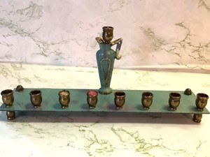 Vintage Jewish Hanukkah Menorah w/ urn Brass & Metal – Possibly Oppenheim