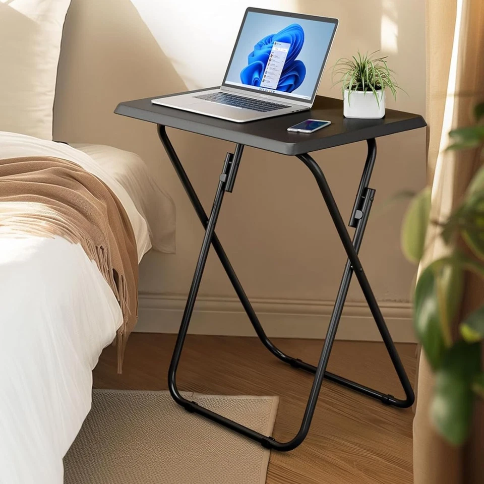 Foldable X-Shaped Steel TV Tray Dinner Eating Computer Bed Sofa End Table, Black - Image 4 of 4