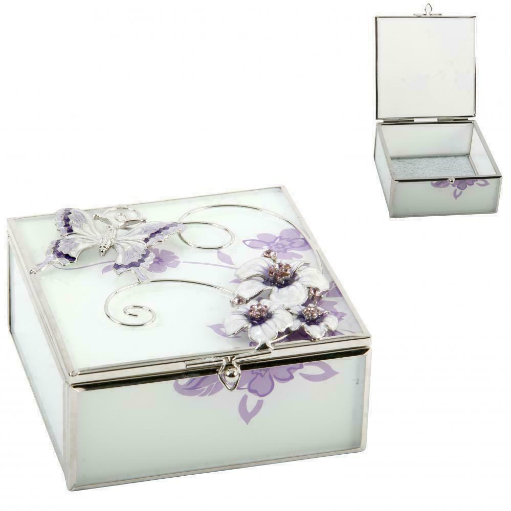 Sophia Glass Square Trinket Box Purple Butterfly/Flowers/Crystals