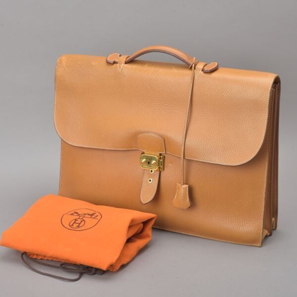 Hermes Sac A Depeche 41 Camel Brown Leather Briefcase with Engraved Storage Bag Key