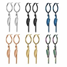 Orecchini vintage lunghi nappe goccia piuma acciaio inox per uomo donna regalo