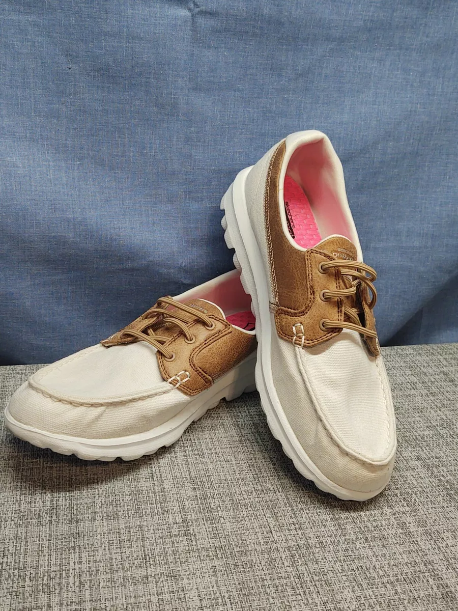 🔥Skechers Women&#039;s Go Walk Lite-14269 Boat Shoe Size 9.5 White Brown Slip On eBay