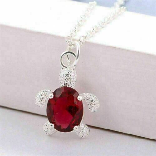 3Ct Oval Cut CZ Red Garnet Tortoise Pendant 14k White Gold Finish 18 Free Chain. - Picture 4 of 4