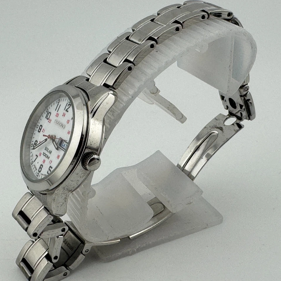 Seiko V138-0AB0 Women 100m Silver Steel Military Dial Solar Quartz Watch 6" - Image 4 of 4