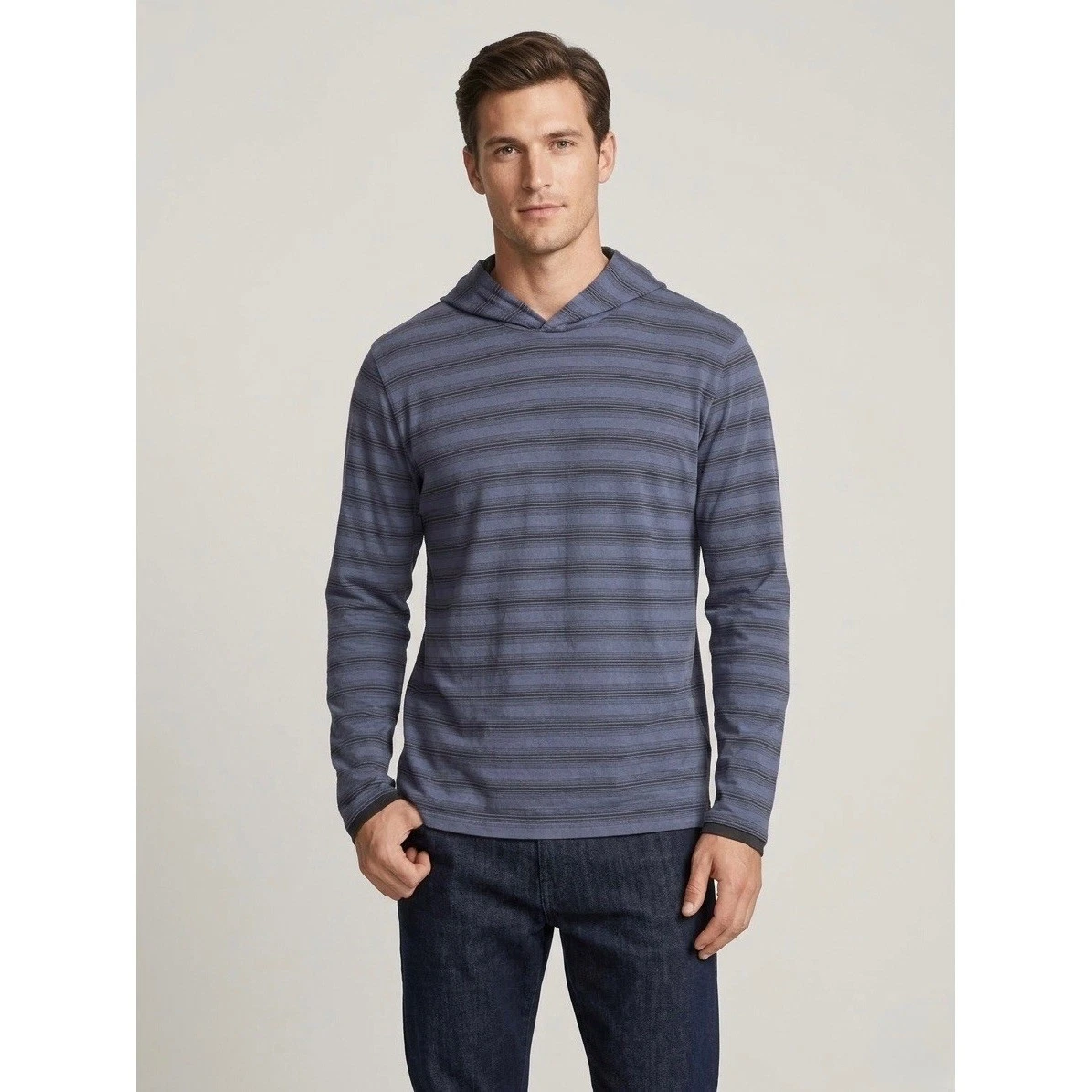 Vince Mens Blue Striped Long Sleeve Hoodie Cotton Modal Pullover Size Large