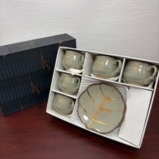 Y0226 Kutani Ware Iei Takamitu 5 white cloisonné cupsaucers box included gold co