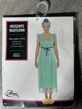 Housewife Green Nightgown Medium New Costume 4 Piece Gown Hair Bonnet & 2 Curler