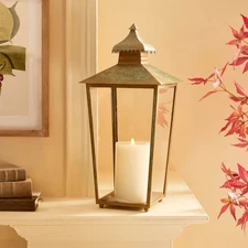 Transitional Large Patina Metal Lantern with Glass Panels