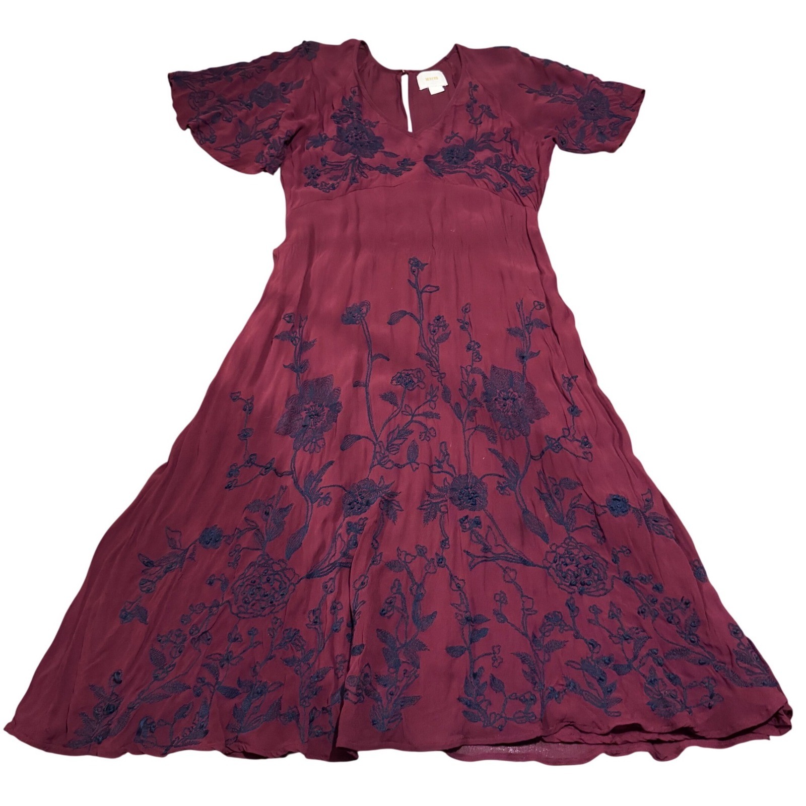 Maeve Anthropologie Burgundy Embroidered Flutter Sleeve Romantic Midi Dress Sz 8