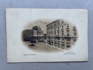 S) Cartolina formato piccolo Padova stazione ferrovia Grand Hotel