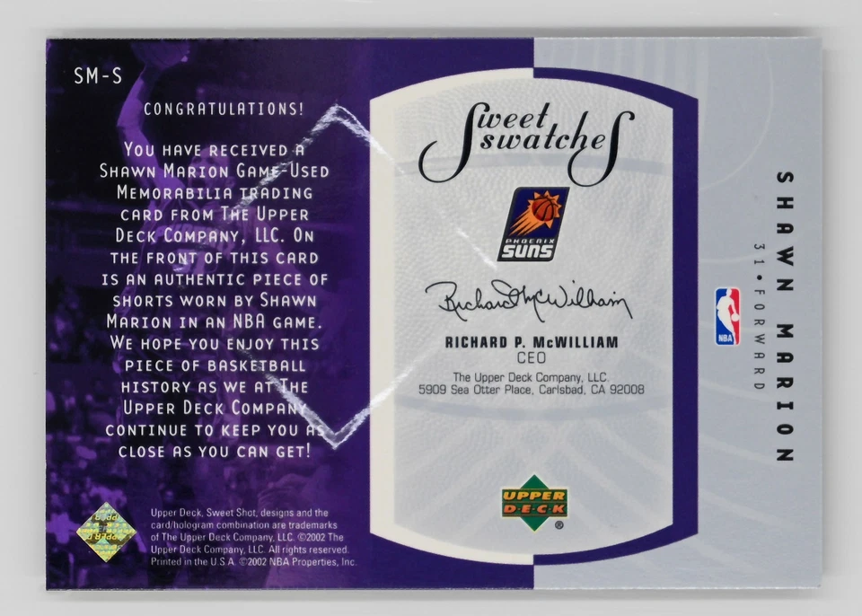 2002-03 Upper Deck Sweet Shot #SM-S Shawn Marion Sweet Swatches Phoenix Suns - Image 2 of 2