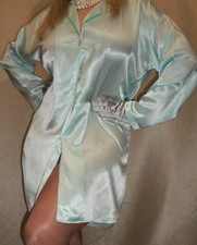 Vtg Fair Aqua Button Front Satin Nightgown L