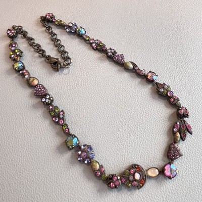Vintage Sorrelli Necklace Multicolored AB Faceted Crystal Flowers Hearts 18''