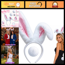 Fluffy White Bunny Ears Headband  Tail Set - Adult Women's Halloween Costume