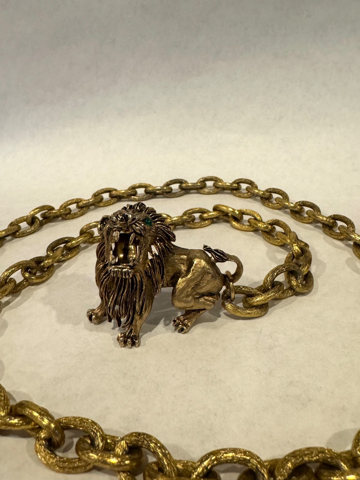 Vintage Hattie Carnegie Gold Tone Lion Green Rhinestone Eyes Necklace Chain Belt image 7