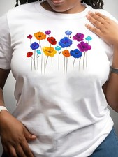 Women's Short Sleeve Shirts Multi-color Flower Patterns T-shirt Tops Pullover√