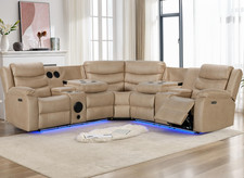 Madrid Electric Recliner Corner Sofa Beige With Cup Holders/Bluetooth/USB/LED