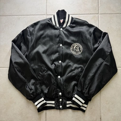Vintage 80s New York Friars Club Satin Jacket Empire Union Made Black Bomber XL - product listing photo