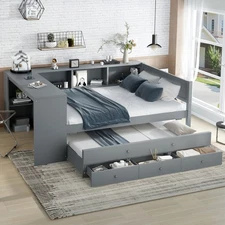 Full Size Daybed, Wood Day Bed Frame, Daybed w Desk, No Spring Box Needed, Gray