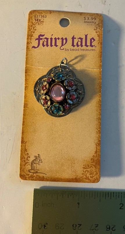 Fairy Tale by Bead Treasures Pendant about 1 1/4" wide Blue and Pink Flowers 