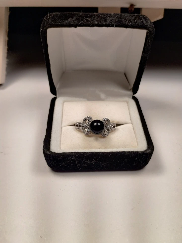 Anillo de plata 925 de perlas negras con juegos transparentes talla 6 Foto 2 de 4