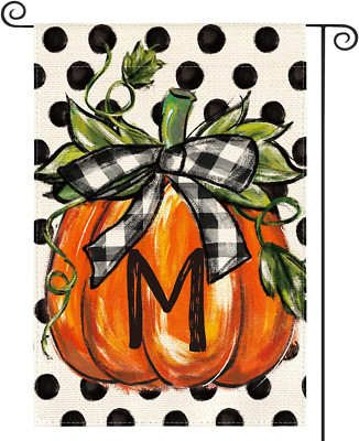 Fall Monogram Letter M Garden Flag Polka Dot Pumpkin 12X18 Inch Double Sided Out