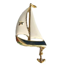 Vintage Gold Tone & White Enamel Sailboat Pin w Dangling Anchor 2.75" Unsigned