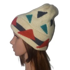 Vermont Needlecrafts Vintage Winter Wool Beanie Hat Ivory with Geometric Print