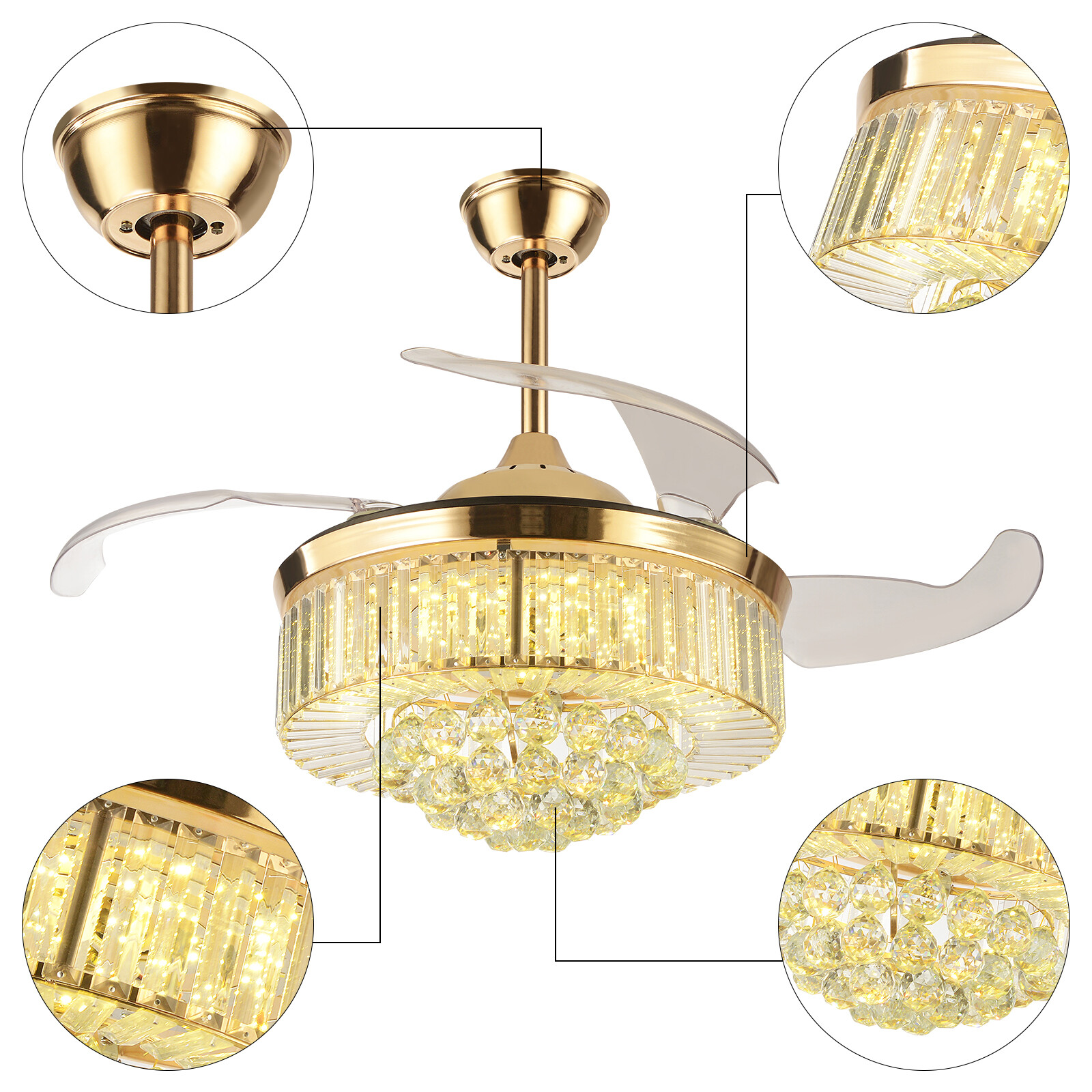 3-Color Crystal Chandelier, Ceiling Fan Light, Ceiling Fan Light with Remote