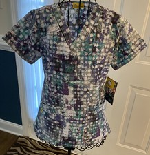 New Wonderwink stretch print Extra Small XS women scrub top Purple Teal Ladies