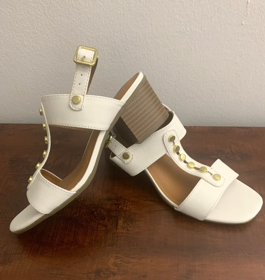 White Mountain Faux Leather Gold Hardware Studded Block Heel Sandals Size 6M - Image 2 of 4
