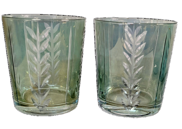 Tumbler Glasses Etched Wheat Motif Light Green Iridescent Old Fashioned Lot of 2