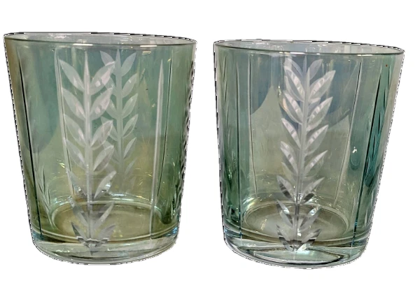 Tumbler Glasses Etched Wheat Motif Light Green Iridescent Old Fashioned Lot of 2