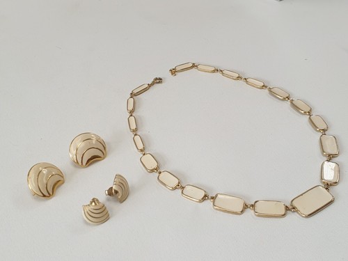 Vintage BARCS Necklace And 2 X Clip Earrings Set Cream Enamel Gold JEWELLERY - Picture 6 of 6