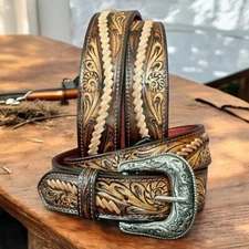 Western Belt For Men Full Grain Leather Hand Tooled + Removable Buckle 1-1/2" W