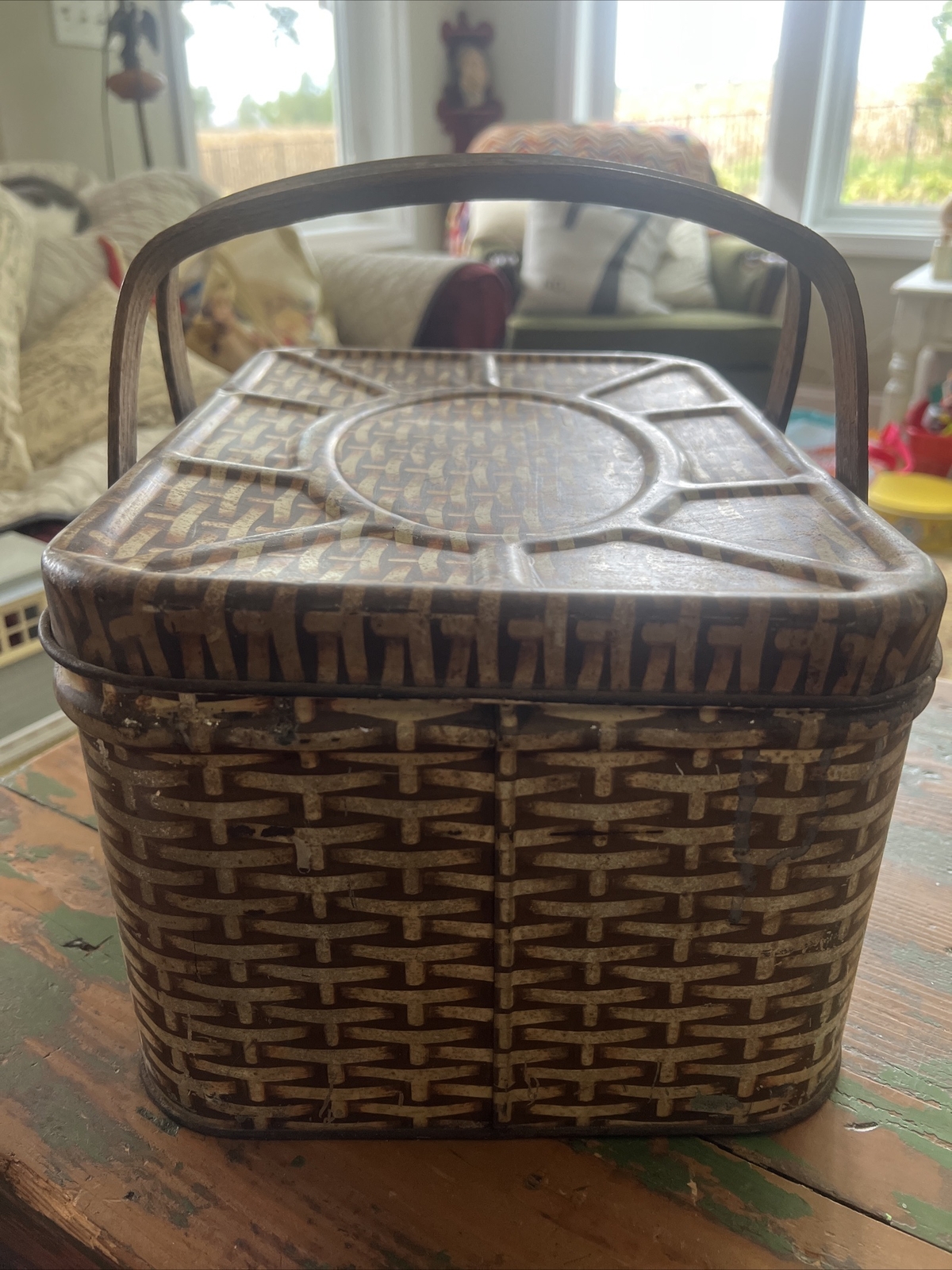 Vintage Metal Picnic Basket Wood Handles Woven Wicker Style MCM 1950's